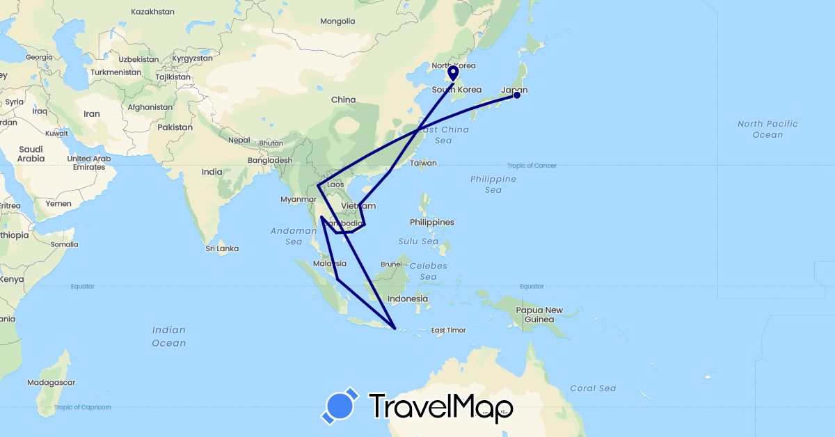 TravelMap itinerary: driving in China, Indonesia, Japan, Cambodia, South Korea, Singapore, Thailand, Vietnam (Asia)